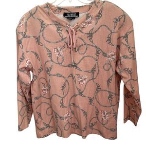 SK WEAR Women's Pink Floral Lace-Up Long Sleeve Blouse Size L‎